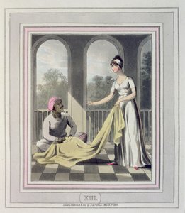 Egy európai hölgy, aki utasításokat ad Durzee-jének, vagyis bennszülött szabójának, az 1813-ban megjelent „Az európai Indiában” című könyv 13. tábláján (kézzel színezett akvatinta)